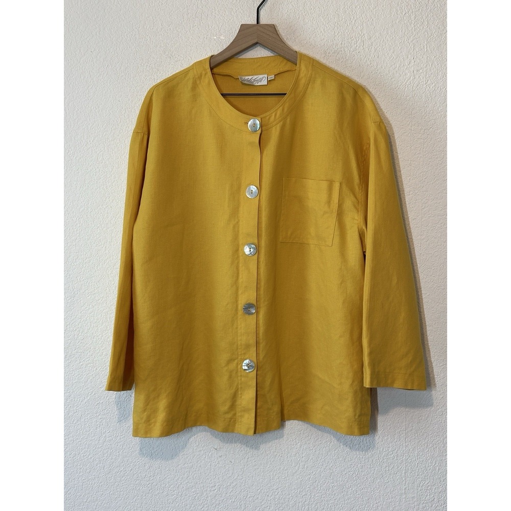 Lord & Taylor Women 12 Linen Button Up Blouse Jacket Yellow Lagenlook Minimalist